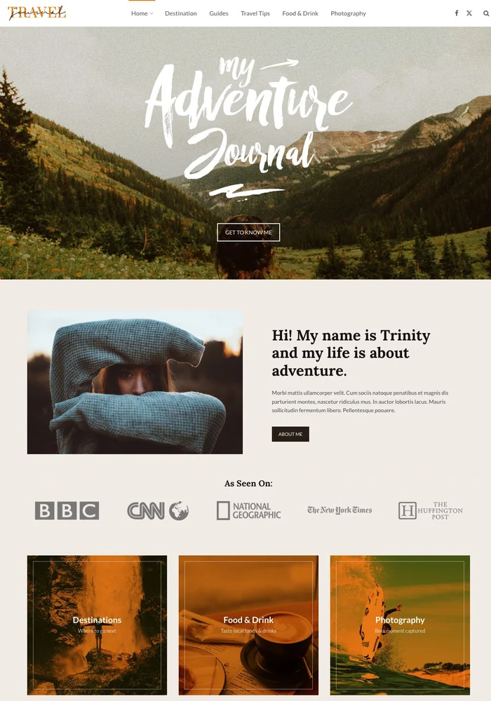 Travel Blog homepage with My Adventure Journal hero lettering