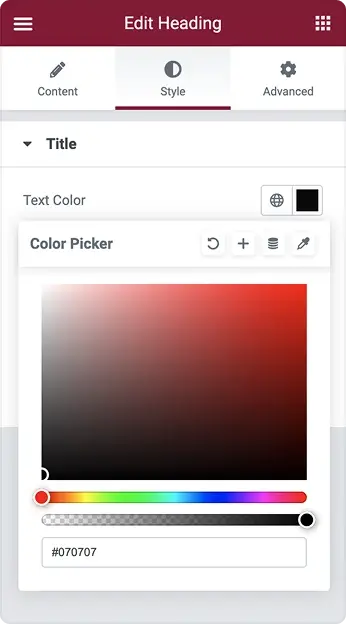 elementor color picker panel